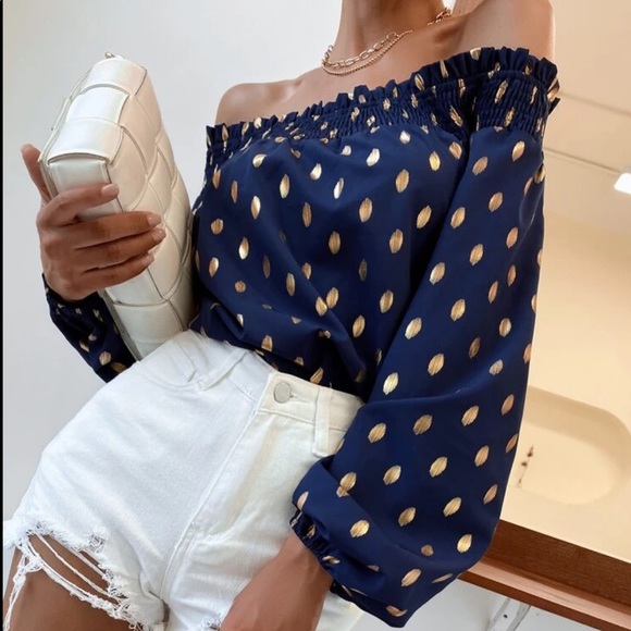 Boho polka dot off shoulder shirred blouse - Picture 4 of 7